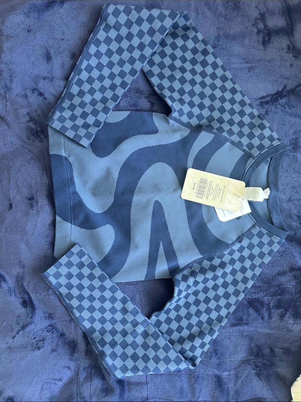 Fabletics Blue Checkerboard & Wave Crop Top
